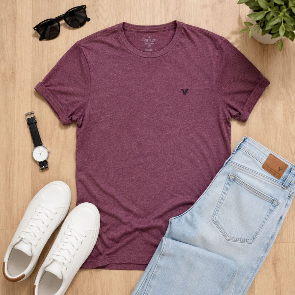 American Eagle Mens Large Maroon Heather T Shirt Embroidered Logo Soft Tee